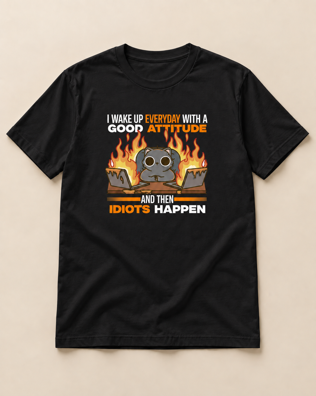 Office Chaos Graphic T-Shirt in black, flat lay on beige background
