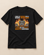 Office Chaos Graphic T-Shirt in black, flat lay on beige background