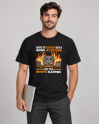 Office Chaos Graphic T-Shirt in black, model holding a laptop
