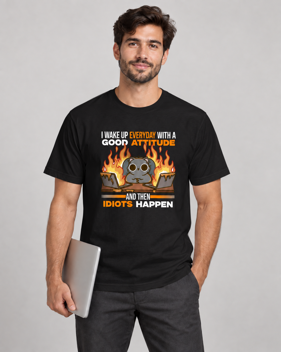 Office Chaos Graphic T-Shirt in black, model holding a laptop