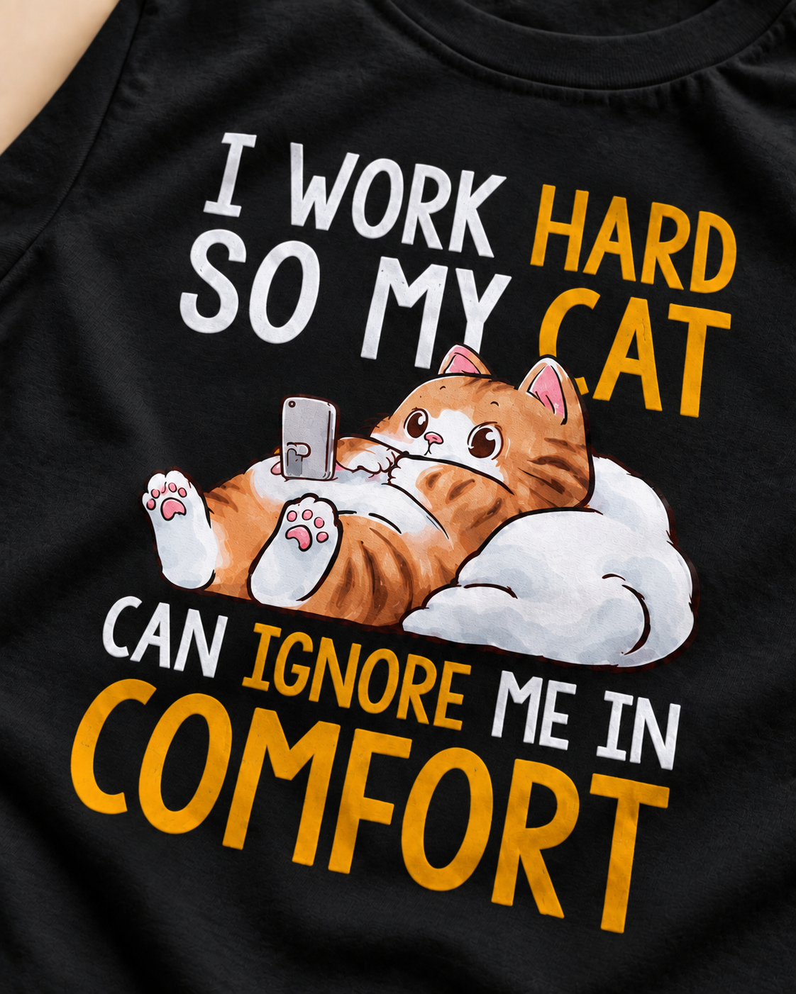 Close-up of Spoiled Cat Club print on black T-shirt