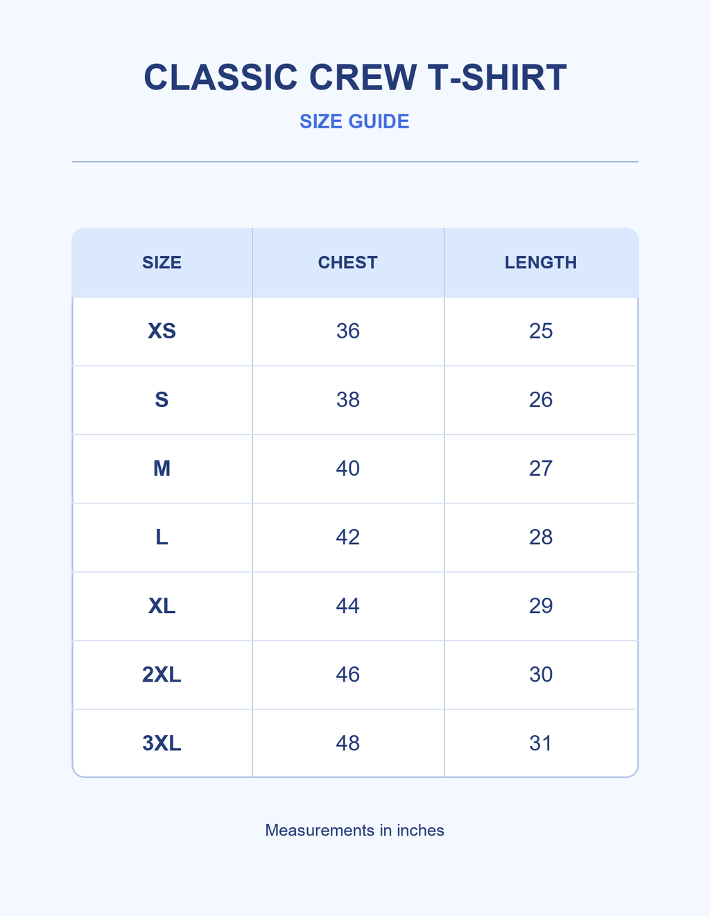 WEAVVI size guide for XS to 3XL in inches